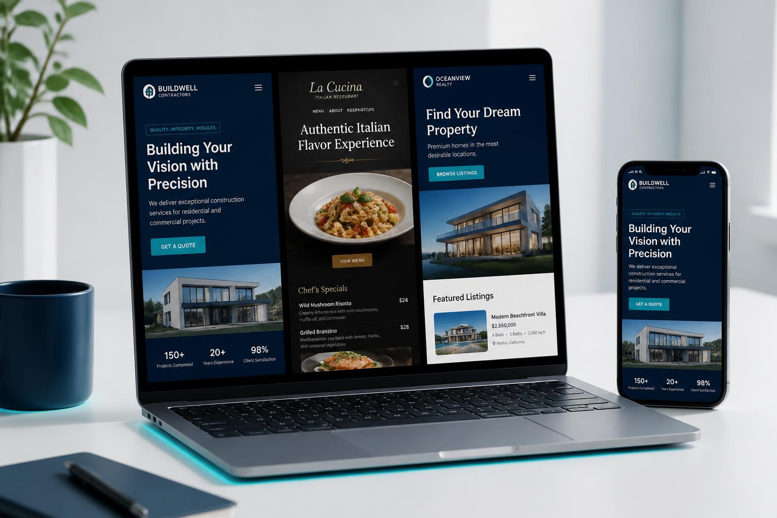 SiteBuilder Studio website mockups on laptop and phone